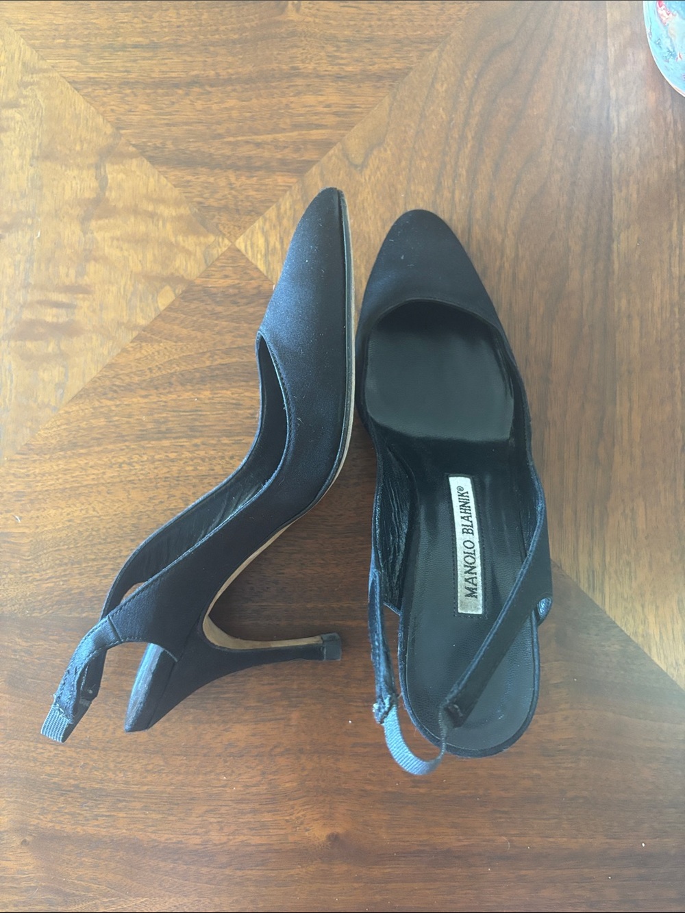 Manolo Blahnik Black Satin Slingback Pointed-Toe Heels